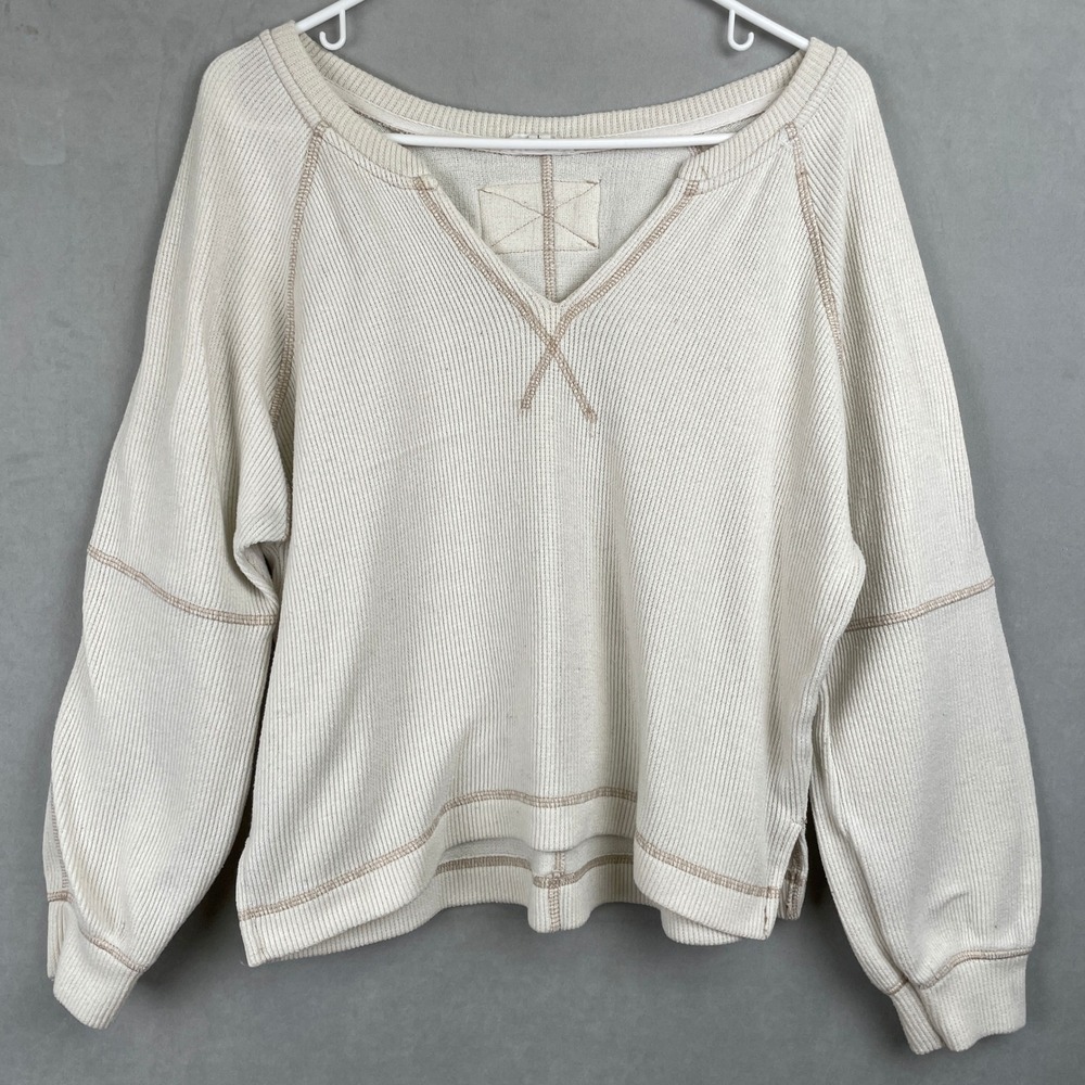 Blu Pepper Cream Waffle Knit Sweatshirt Contrast Stitch Raglan Cozy Boho Wmns L